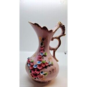 Norcrest Pink Pitcher with applied Flowers and Gold Gilding ~Vintage~